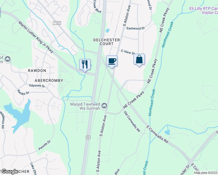 map of restaurants, bars, coffee shops, grocery stores, and more near 3616 South Alston Avenue in Durham
