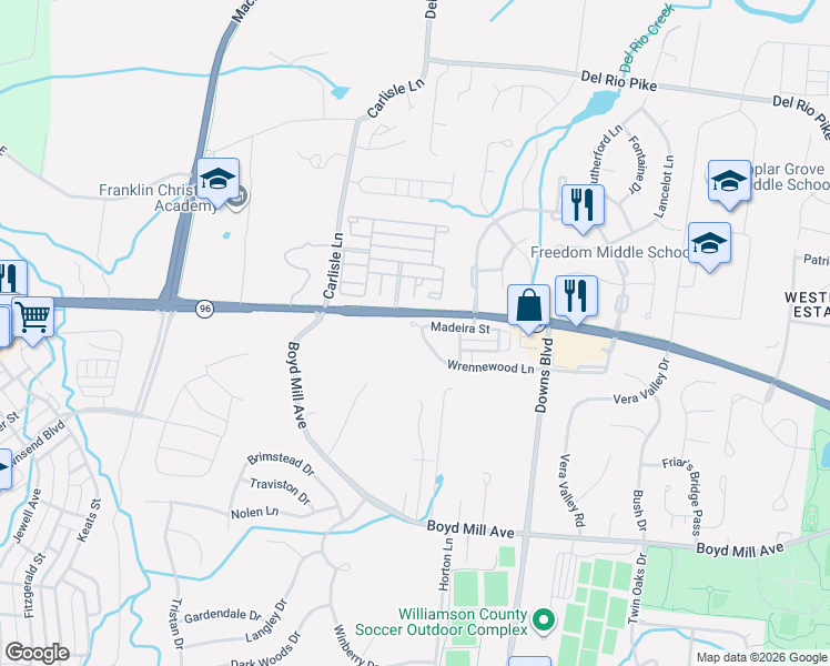 map of restaurants, bars, coffee shops, grocery stores, and more near 262 Wrennewood Lane in Franklin