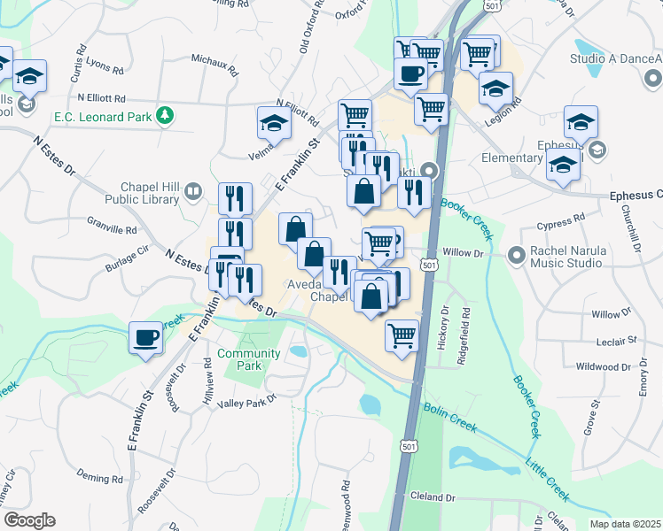 map of restaurants, bars, coffee shops, grocery stores, and more near 901 Willow Drive in Chapel Hill