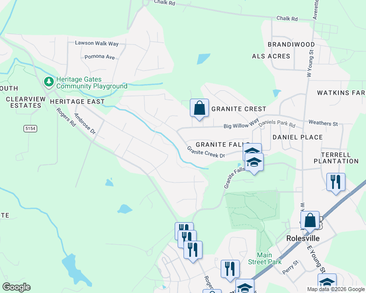 map of restaurants, bars, coffee shops, grocery stores, and more near 471 Granite Creek Drive in Rolesville