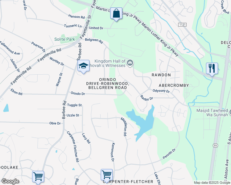 map of restaurants, bars, coffee shops, grocery stores, and more near 715 Orindo Drive in Durham