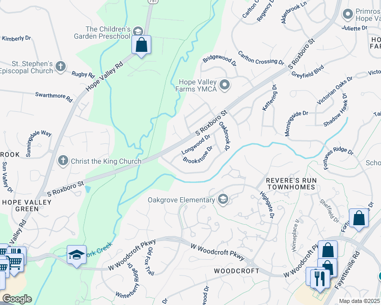 map of restaurants, bars, coffee shops, grocery stores, and more near 5211 Longwood Drive in Durham