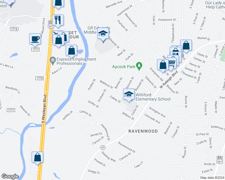 map of restaurants, bars, coffee shops, grocery stores, and more near 1500 Burton Street in Rocky Mount