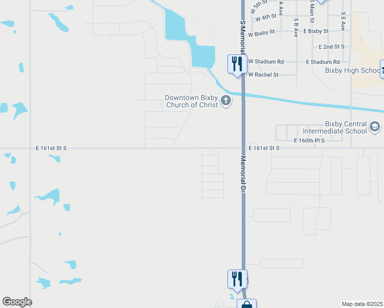 map of restaurants, bars, coffee shops, grocery stores, and more near 6854 East 161st Street in Bixby