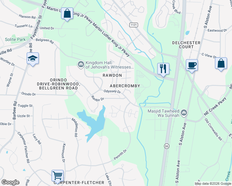 map of restaurants, bars, coffee shops, grocery stores, and more near 3616 Sana Court in Durham