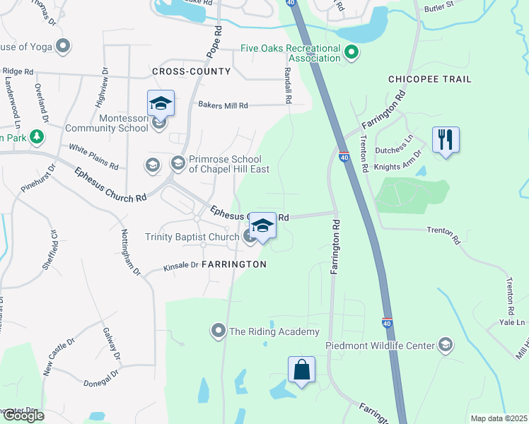 map of restaurants, bars, coffee shops, grocery stores, and more near 104 Boarstall Creek in Durham