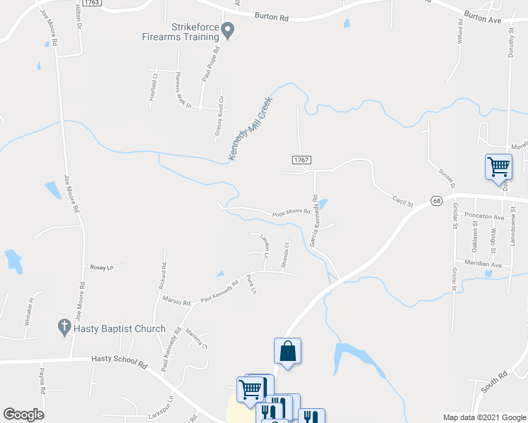 map of restaurants, bars, coffee shops, grocery stores, and more near Pope Moore Road in Davidson County