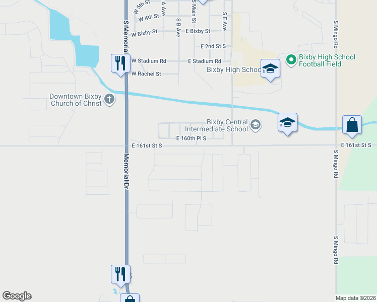 map of restaurants, bars, coffee shops, grocery stores, and more near 8602 East 160th Place South in Bixby