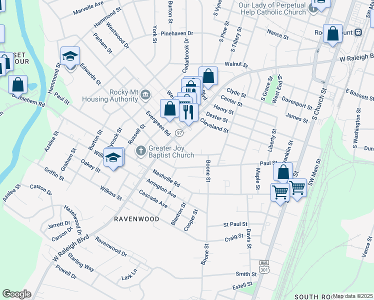 map of restaurants, bars, coffee shops, grocery stores, and more near 702 Beamon Street in Rocky Mount