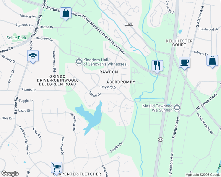 map of restaurants, bars, coffee shops, grocery stores, and more near 3616 Sana Court in Durham
