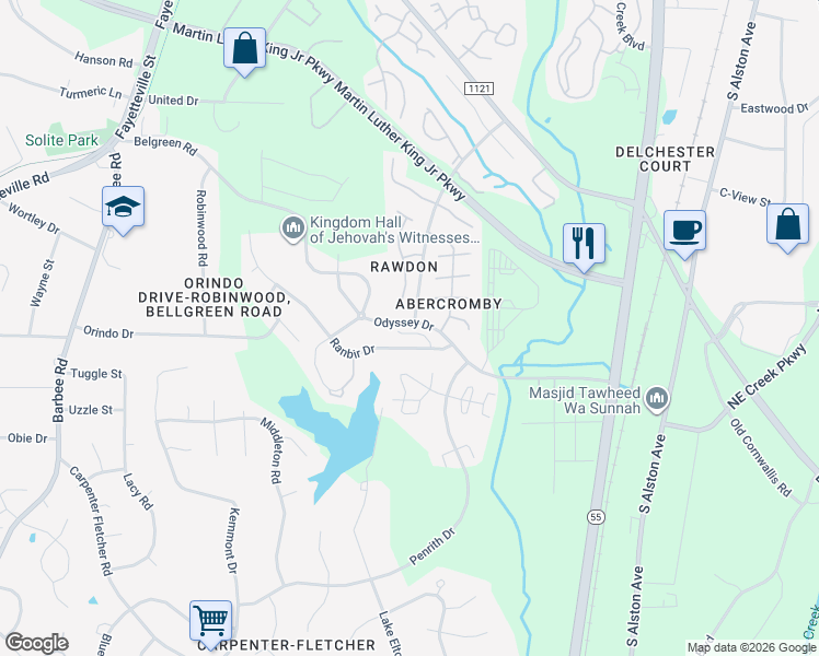 map of restaurants, bars, coffee shops, grocery stores, and more near 3616 Sana Court in Durham