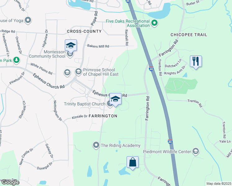 map of restaurants, bars, coffee shops, grocery stores, and more near 104 Boarstall Creek in Durham