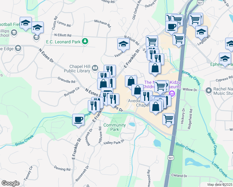 map of restaurants, bars, coffee shops, grocery stores, and more near 1500 East Franklin Street in Chapel Hill