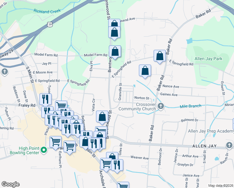 map of restaurants, bars, coffee shops, grocery stores, and more near 2726 Granville Street in High Point