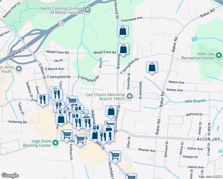 map of restaurants, bars, coffee shops, grocery stores, and more near 2322 Brentwood Street in High Point