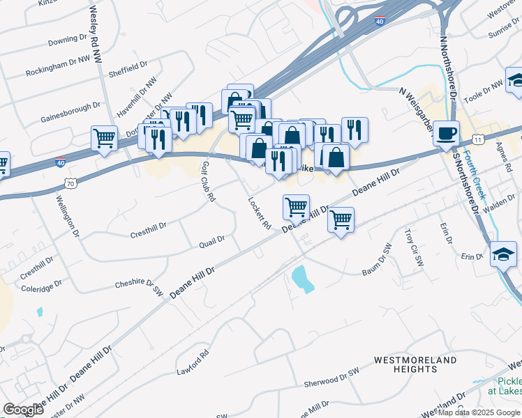map of restaurants, bars, coffee shops, grocery stores, and more near 221 Lockett Road in Knoxville