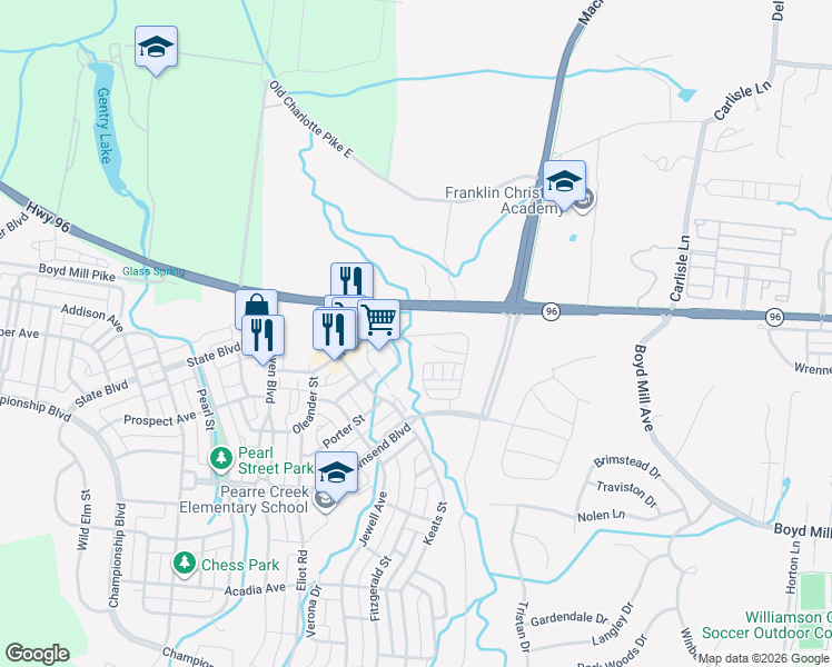 map of restaurants, bars, coffee shops, grocery stores, and more near 411 Whitman Road in Franklin