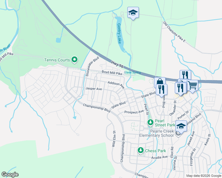 map of restaurants, bars, coffee shops, grocery stores, and more near 314 Starling Lane in Franklin