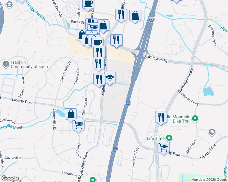 map of restaurants, bars, coffee shops, grocery stores, and more near 5050 Mallory Lane in Franklin