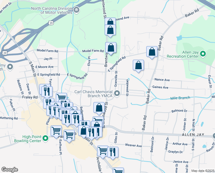 map of restaurants, bars, coffee shops, grocery stores, and more near 2410 Brentwood Street in High Point