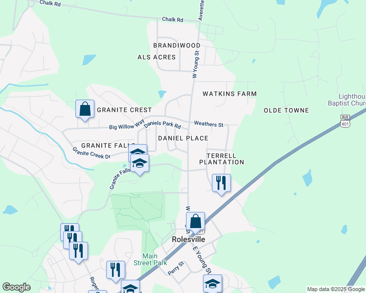 map of restaurants, bars, coffee shops, grocery stores, and more near 227 West Young Street in Rolesville