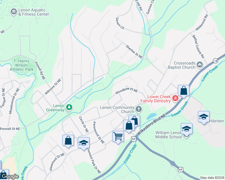 map of restaurants, bars, coffee shops, grocery stores, and more near 918 Woodbine Place Northeast in Lenoir