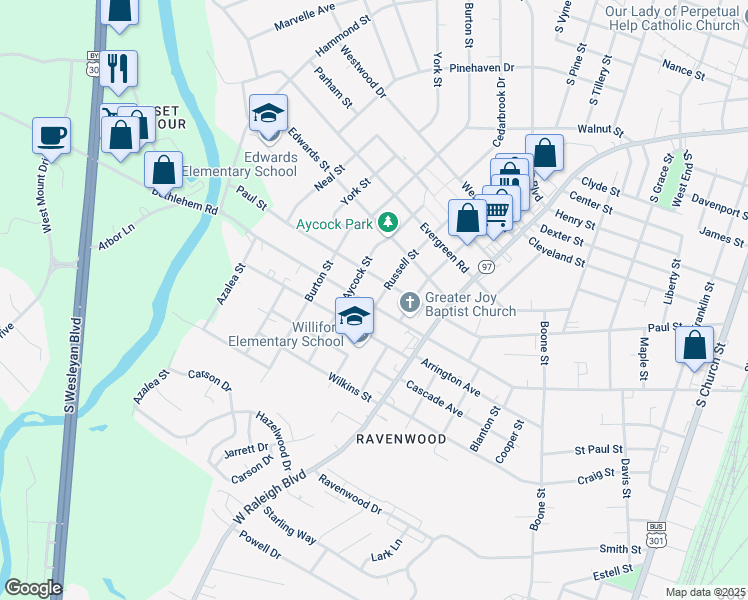 map of restaurants, bars, coffee shops, grocery stores, and more near 902 Nashville Road in Rocky Mount