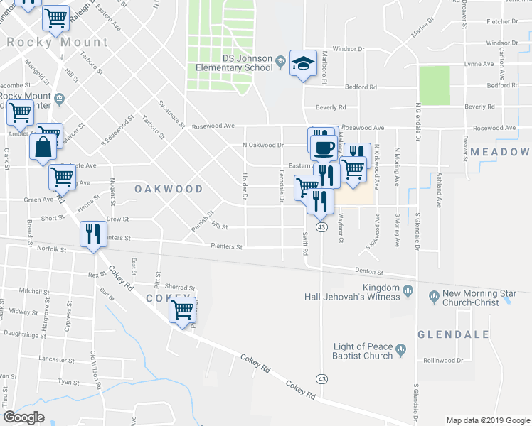 map of restaurants, bars, coffee shops, grocery stores, and more near 1217 Tarboro Street in Rocky Mount