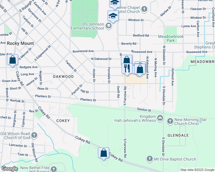 map of restaurants, bars, coffee shops, grocery stores, and more near 1229 Tarboro Street in Rocky Mount