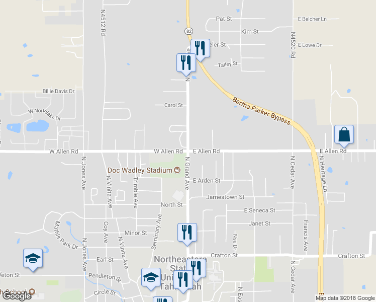 map of restaurants, bars, coffee shops, grocery stores, and more near North Grand Avenue in Tahlequah