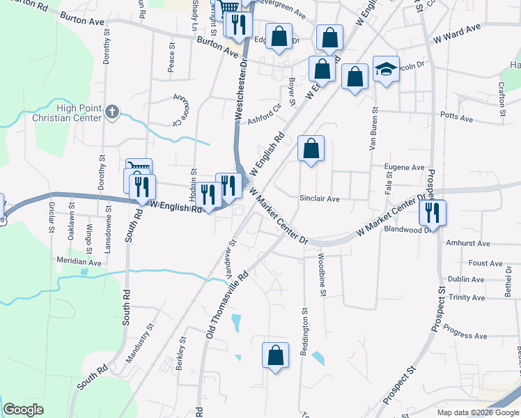 map of restaurants, bars, coffee shops, grocery stores, and more near 416 Vandever Street in High Point