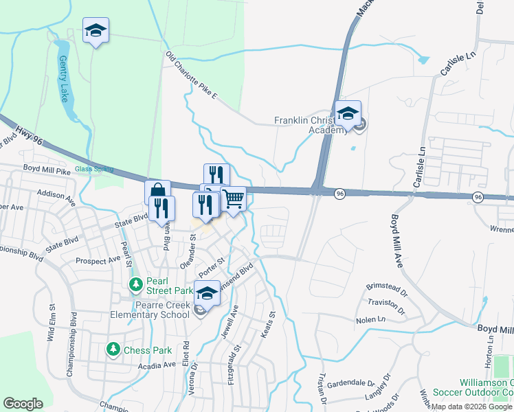 map of restaurants, bars, coffee shops, grocery stores, and more near 411 Whitman Road in Franklin