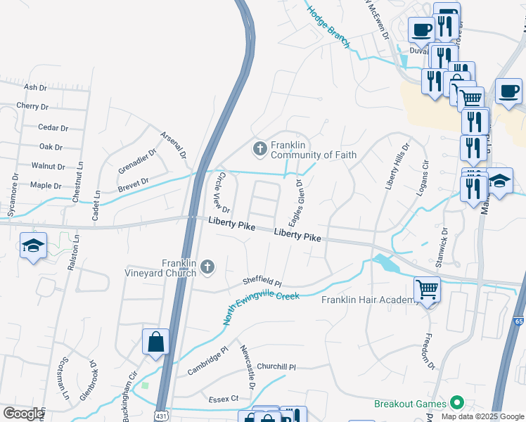 map of restaurants, bars, coffee shops, grocery stores, and more near 204 Corey Drive in Franklin