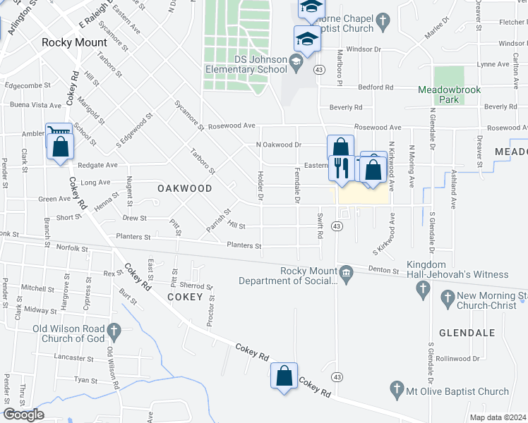 map of restaurants, bars, coffee shops, grocery stores, and more near 1201 Tarboro Street in Rocky Mount