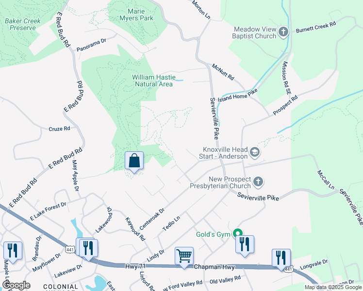 map of restaurants, bars, coffee shops, grocery stores, and more near 6017 Sunbeam Lane Southeast in Knoxville