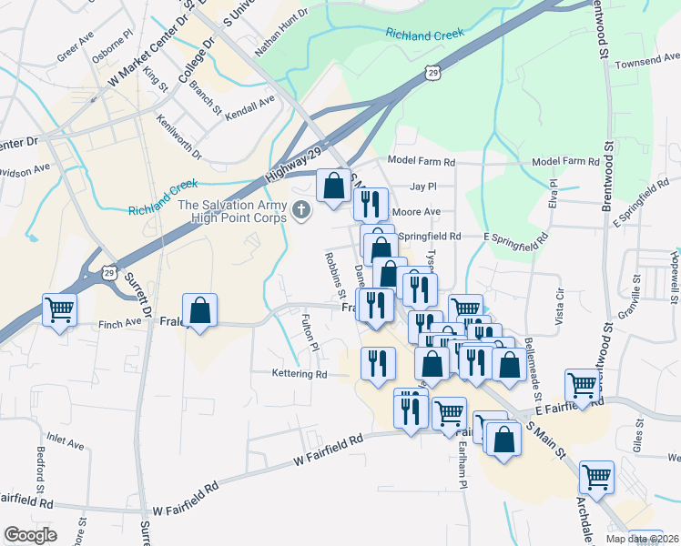 map of restaurants, bars, coffee shops, grocery stores, and more near 2419 Robbins Street in High Point