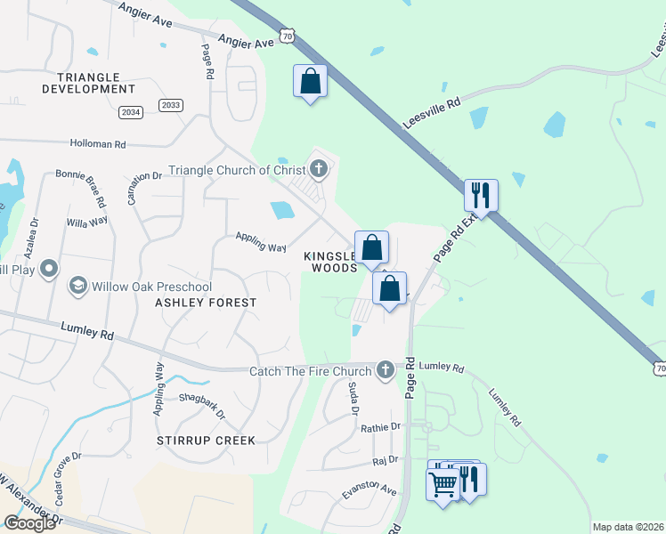 map of restaurants, bars, coffee shops, grocery stores, and more near 115 Kingsley Woods Cir in Durham