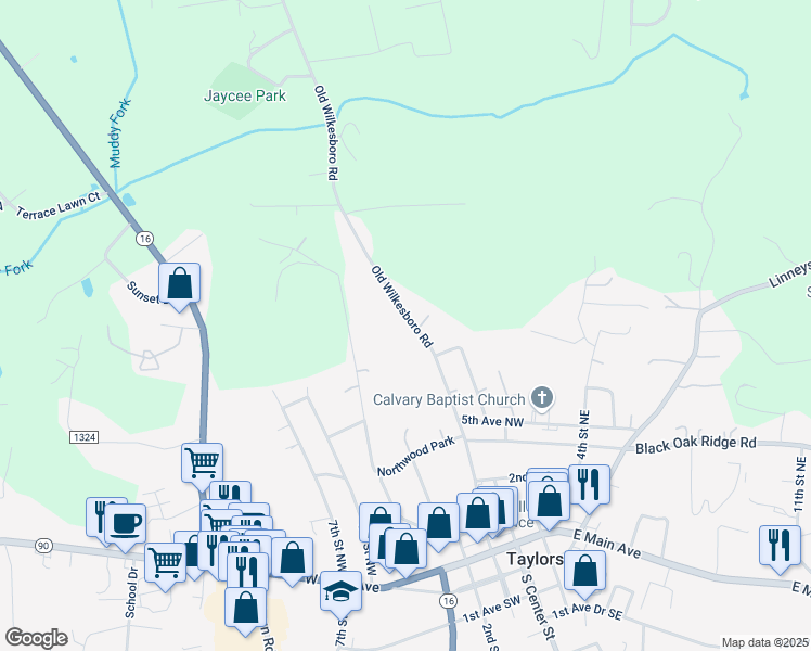 map of restaurants, bars, coffee shops, grocery stores, and more near 50 Max Lane in Township of Taylorsville