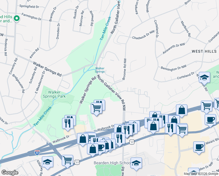 map of restaurants, bars, coffee shops, grocery stores, and more near 401 North Gallaher View Road Northwest in Knoxville