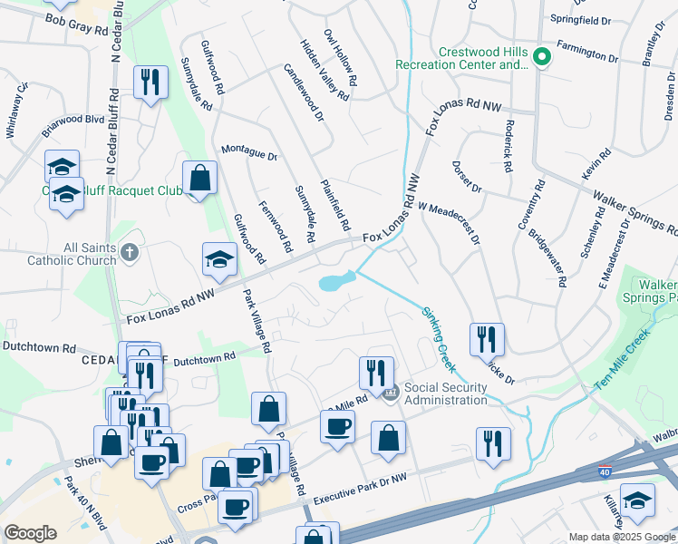 map of restaurants, bars, coffee shops, grocery stores, and more near 9088 Fox Lake Drive in Knoxville