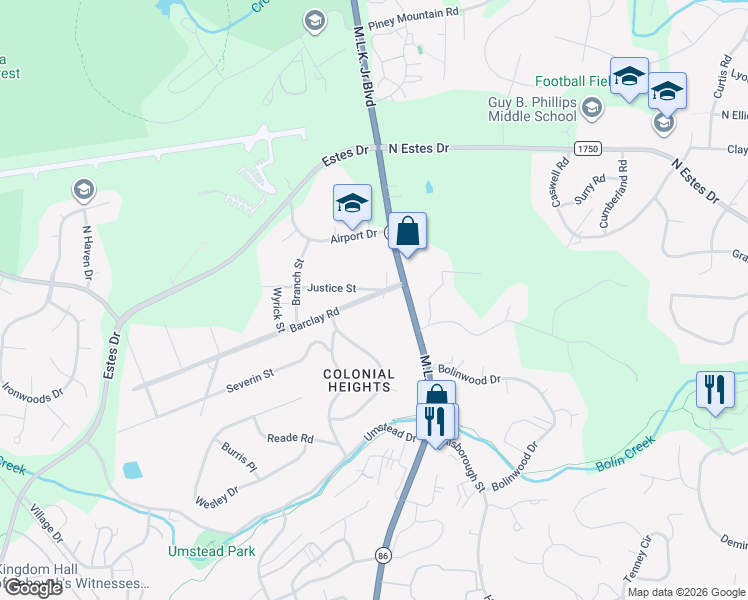 map of restaurants, bars, coffee shops, grocery stores, and more near 113 Barclay Road in Chapel Hill