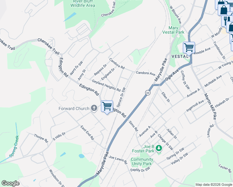 map of restaurants, bars, coffee shops, grocery stores, and more near 1309 Spruce Drive Southwest in Knoxville