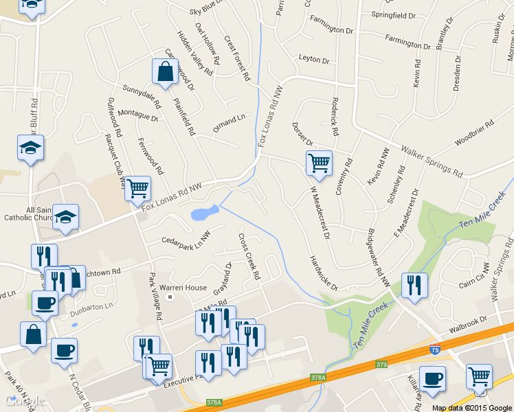 map of restaurants, bars, coffee shops, grocery stores, and more near 8906 Fox Lake Drive in Knoxville