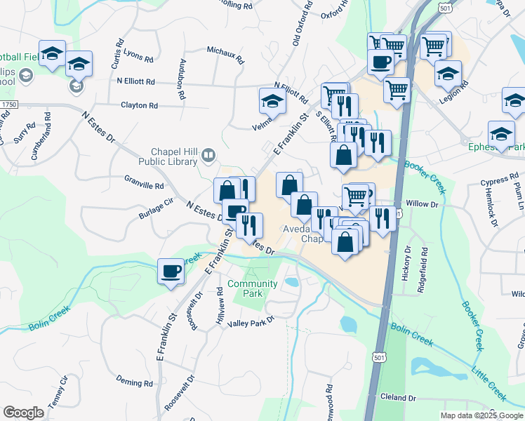 map of restaurants, bars, coffee shops, grocery stores, and more near 113 Conner Drive in Chapel Hill