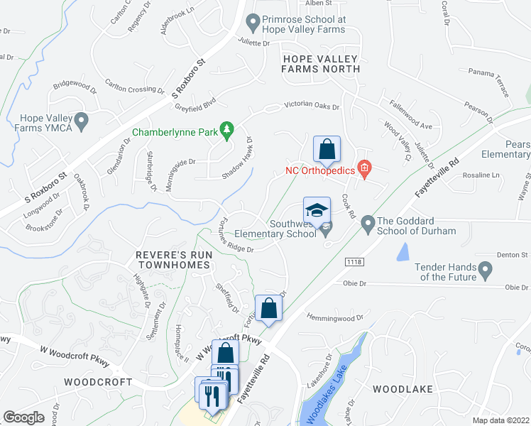 map of restaurants, bars, coffee shops, grocery stores, and more near 525 Tall Oaks Drive in Durham