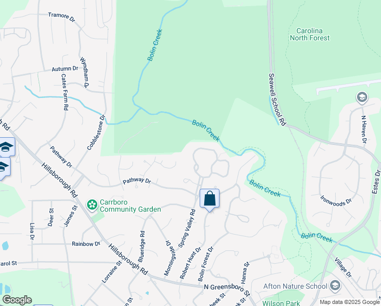 map of restaurants, bars, coffee shops, grocery stores, and more near 418 Waterside Drive in Carrboro
