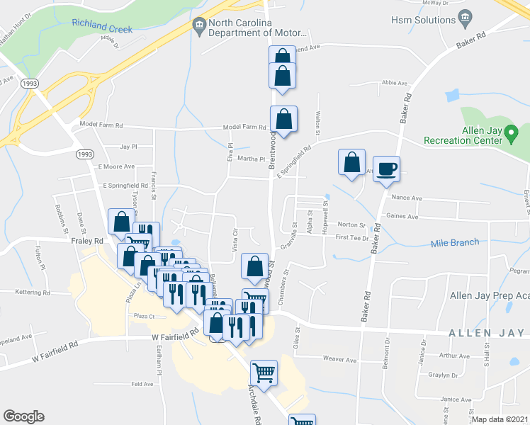 map of restaurants, bars, coffee shops, grocery stores, and more near 2322 Brentwood Street in High Point