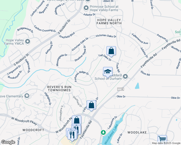 map of restaurants, bars, coffee shops, grocery stores, and more near 525 Tall Oaks Drive in Durham