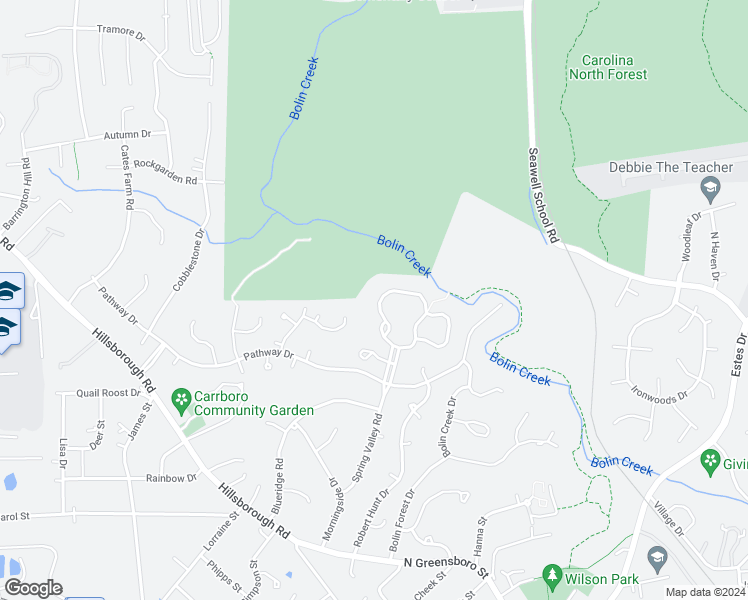 map of restaurants, bars, coffee shops, grocery stores, and more near 418 Waterside Drive in Carrboro