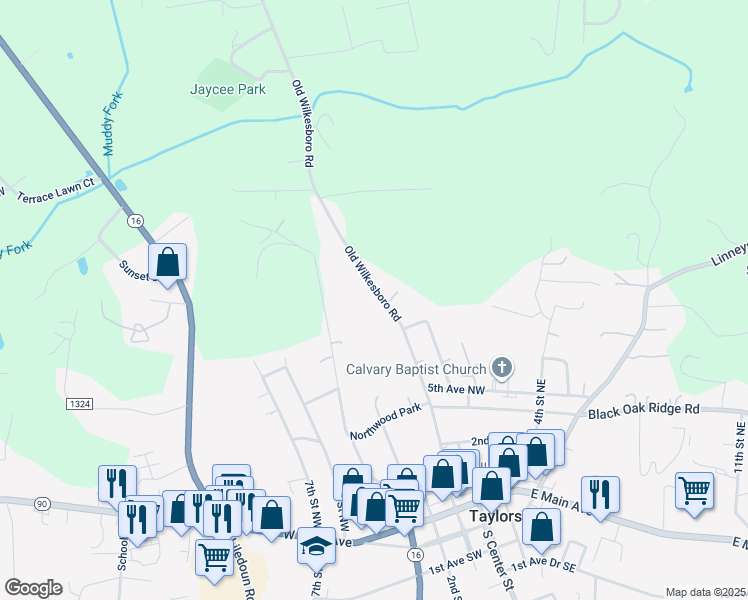map of restaurants, bars, coffee shops, grocery stores, and more near 555 Old Wilkesboro Road in Taylorsville